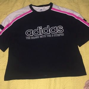 pink, white, and black adidas t shirt